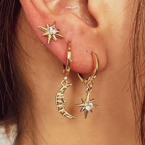 ๐ New Gold Moon & Star Hoop and Stud Earring Set
